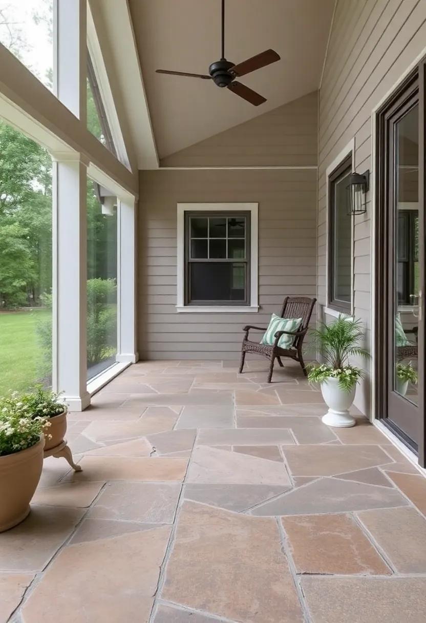 Flagstone – For a natural look, consider flagstone. Its irregular shapes and earthy tones offer a rugged aesthetic, perfect for merging your screened porch with the surrounding landscape