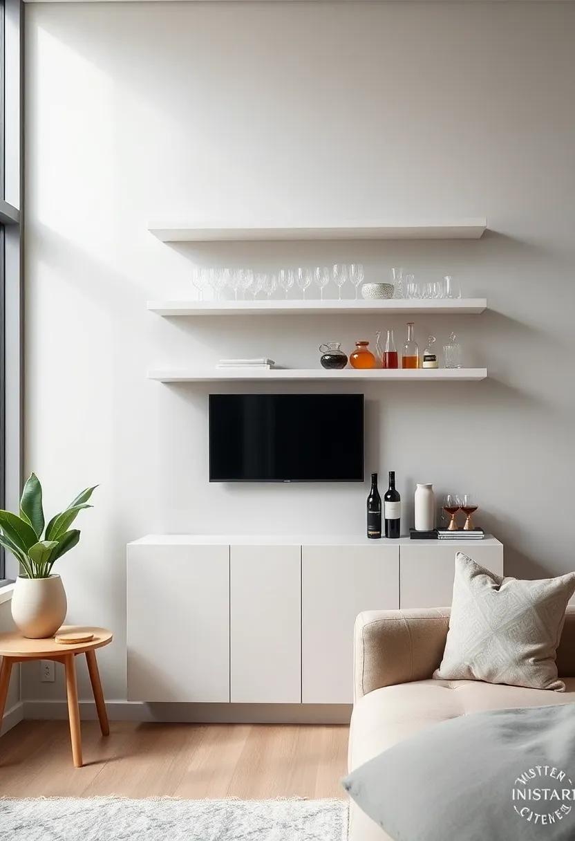 Embrace Minimalism: opt for sleek, floating shelves that don’t overpower your small living room, allowing your barware to shine without cluttering the space