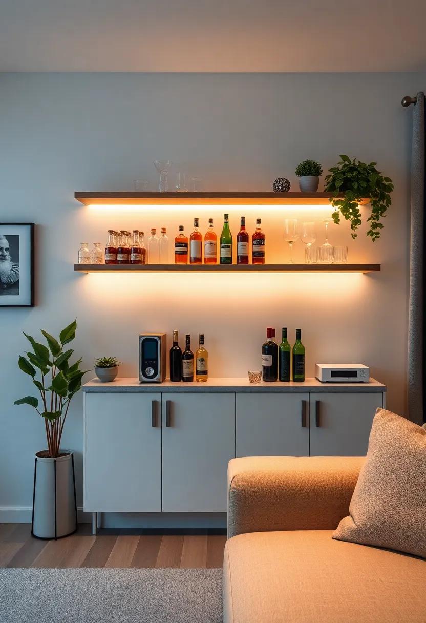 Create Layers with Lighting: Use under-shelf LED lights to illuminate your barware and create a warm ambiance that invites social gatherings in your cozy space