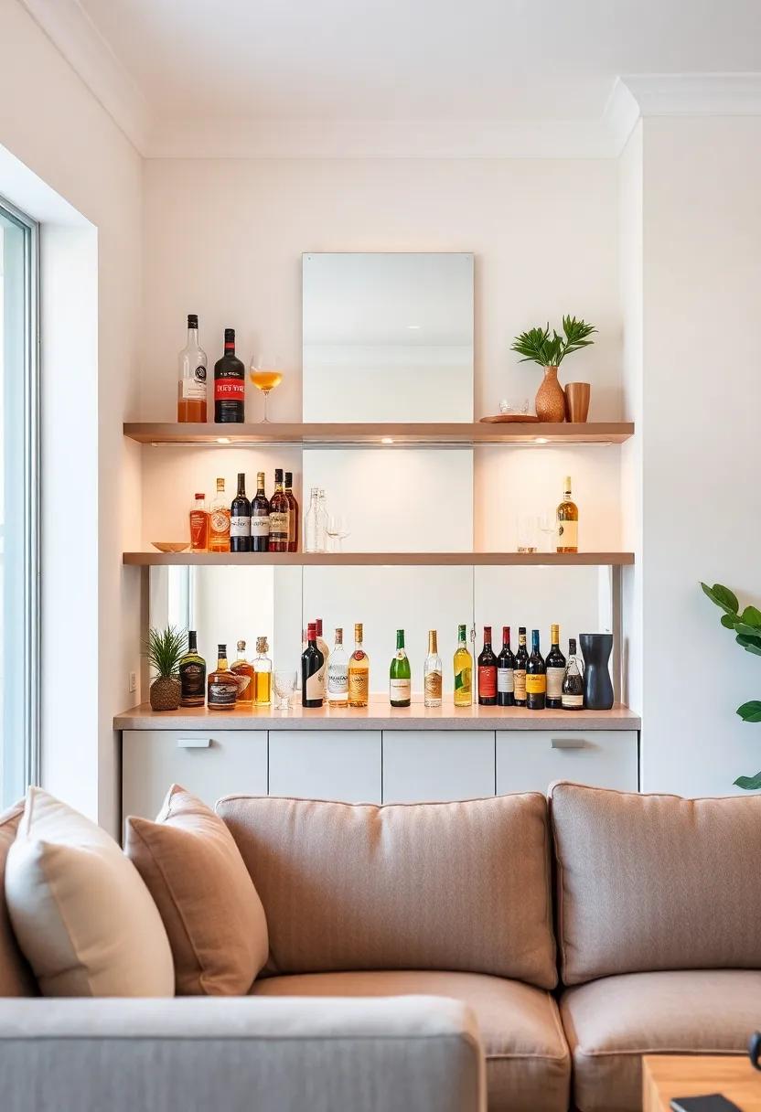 Use a Mirrored Backdrop: Install a mirror behind your shelves to create the illusion of more space and reflect the beauty of your bar collection, maximizing visual interest