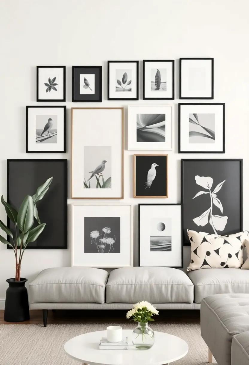 Eclectic Gallery Wall: Curate⁢ a gallery wall featuring a mix ​of⁢ black⁤ and ivory frames surrounding an array of art pieces ​and photographs,creating a personalized display that's eye-catching and unique