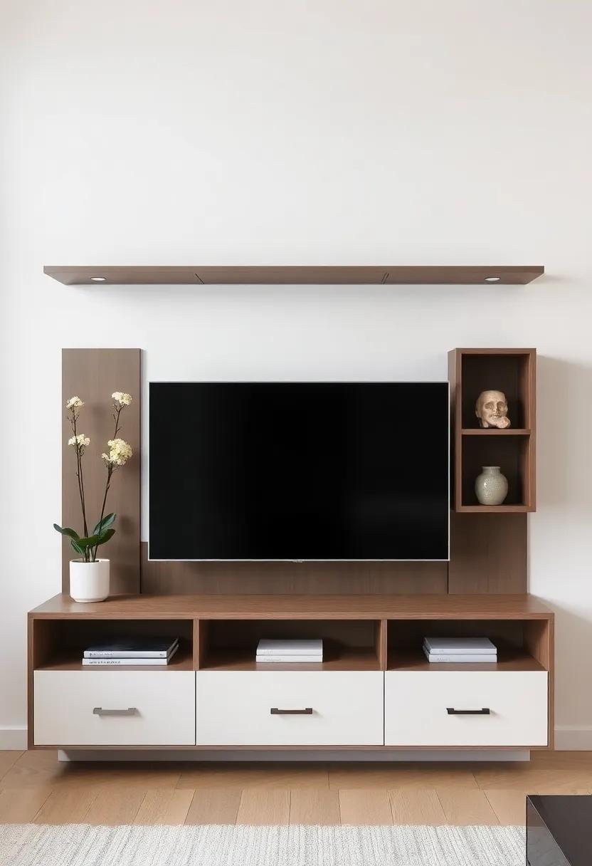 Urban minimalist: A sleek‌ wall-mounted unit that combines open shelves⁤ with​ hidden compartments, perfect for storing your media essentials while keeping your living room clutter-free