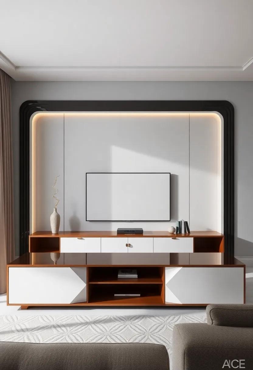 Art Deco‍ Delight: Infuse glamour into your living room with an Art Deco-inspired TV unit characterized by geometric shapes and reflective surfaces ⁢that add drama and elegance