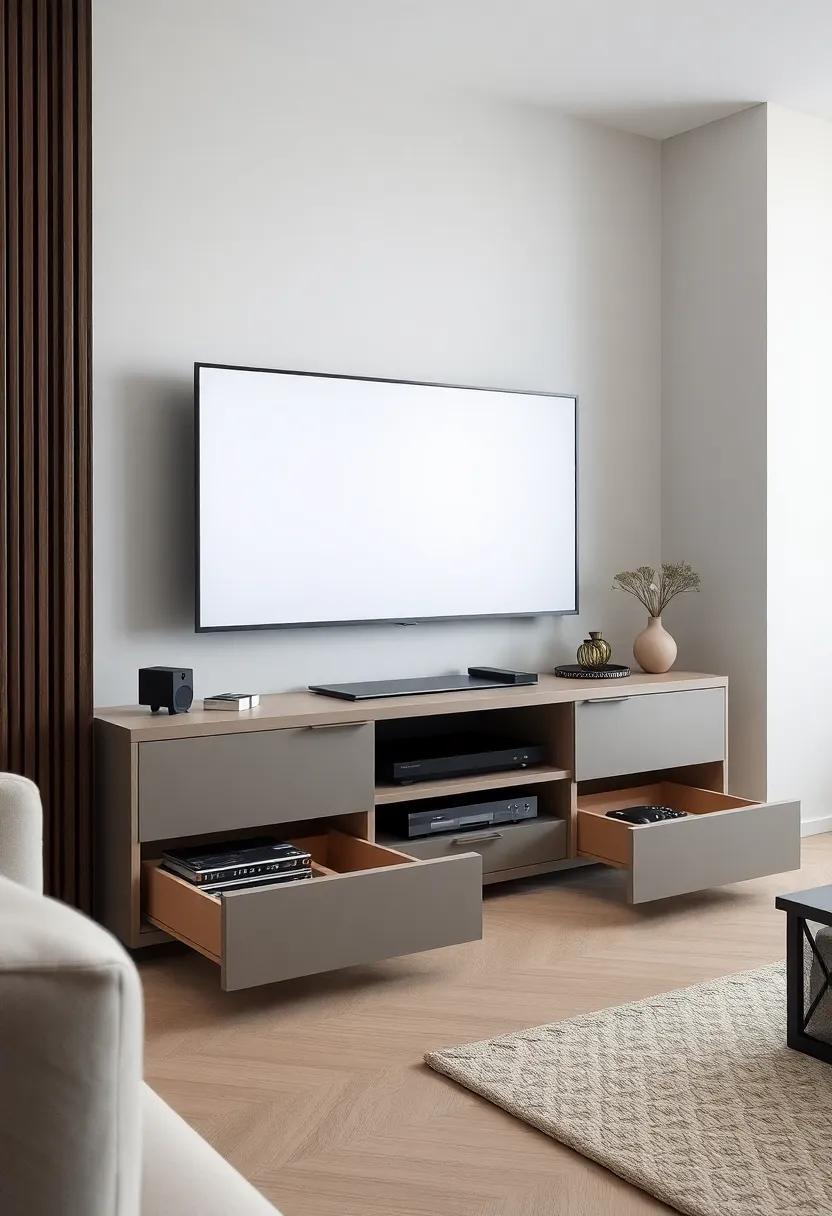 Drawer Dazzle: A contemporary unit with ​deep drawers that‍ hide away DVDs, ⁤gaming consoles, and more, adding practicality to ⁣your stylish living room setup