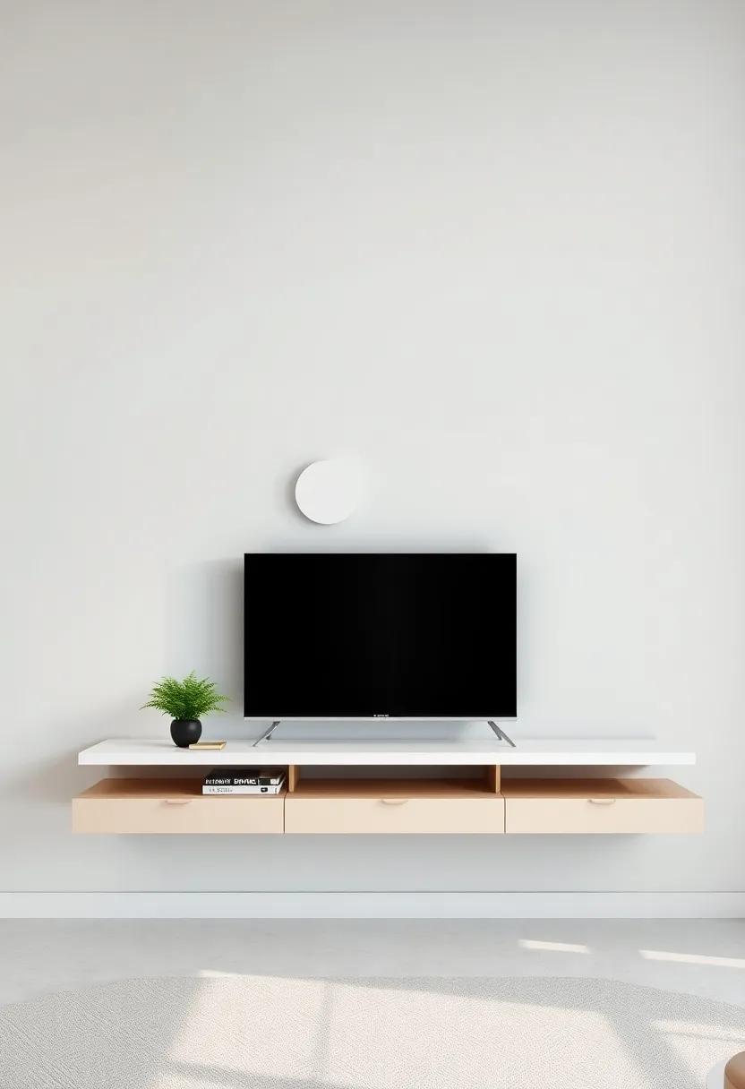 Floating Elegance: Elevate your TV with a floating shelf design that not only saves floor space but also gives your decor a modern, airy feel⁣ while showcasing decorative items