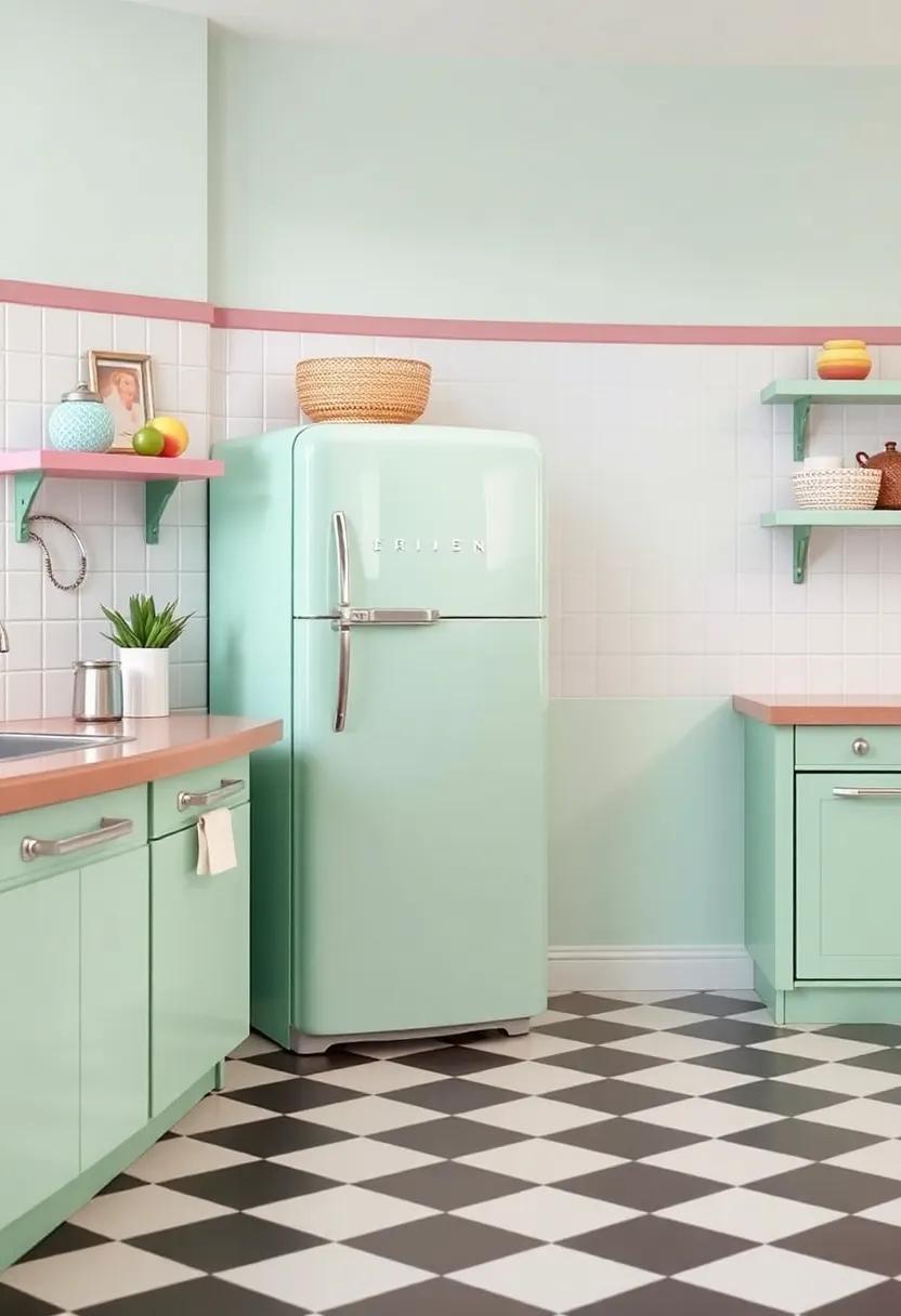 Step back‌ in time with a⁢ mint green refrigerator that captures the essence of ‍a​ 1950s diner, paired ⁣with checkerboard flooring for a nostalgic flair