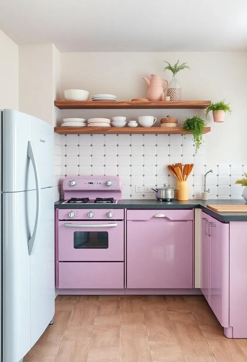 Adorned with lilac-hued appliances and rustic wood shelving, this kitchen exudes tranquility and charm, inviting relaxation and good conversation over meals