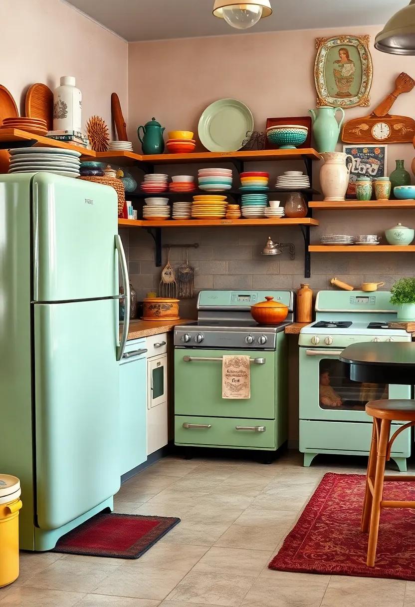 This ⁤eclectic kitchen features light green appliances amidst eclectic decor, showcasing an array of colorful dishes ⁣and vintage finds, each with its⁤ own story to tell