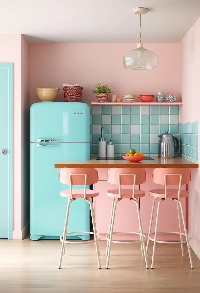 A‌ cheerful aqua blue fridge paired with retro-style bar stools ​transforms this kitchen into a ‍playful ⁢gathering⁣ place, perfect for family breakfasts and ‍casual get-togethers