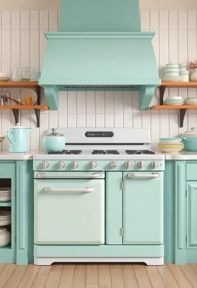 An enchanting pale turquoise oven ⁢sets the ⁢tone for this vintage-inspired kitchen, complete with beadboard paneling​ and whimsical, mismatched ⁣dishware