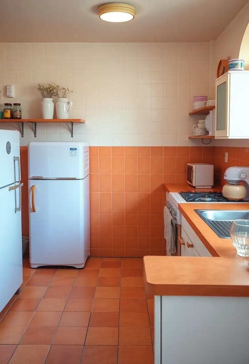 Terracotta-colored tiles complement mild lavender devices in this kitchen, combining warmth with a fun twist, ​making it both practical⁢ and visually appealing