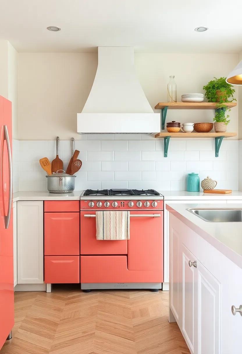 discover a striking ‌coral range in a sleek white kitchen that mingles effortlessly ⁢with rustic elements and trendy touches, perfect for daily⁣ culinary adventures
