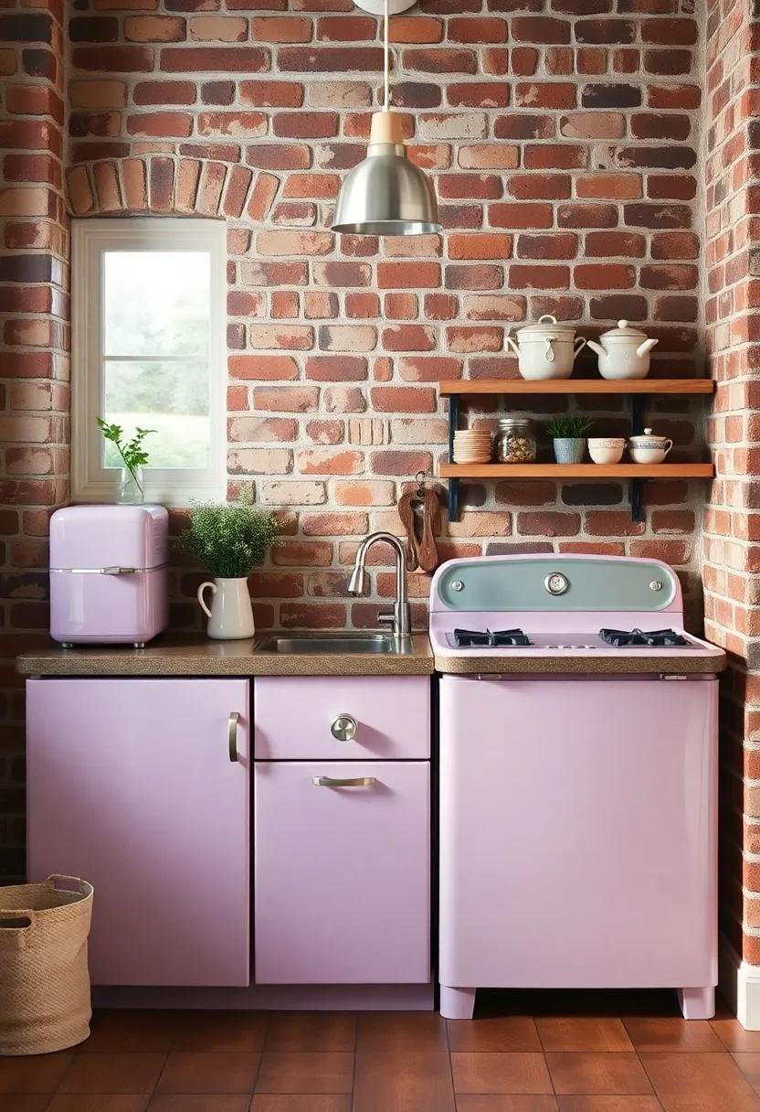In this delightful kitchen, pale lavender appliances shine against rustic brick walls, offering a whimsical yet sophisticated atmosphere for culinary adventures