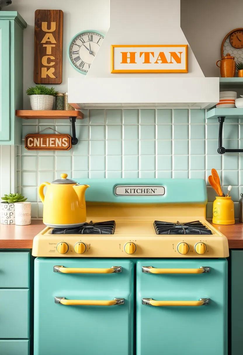 Imagine a lemon yellow kettle sitting atop a retro teal range,bringing⁣ sunshine⁢ into a cozy space adorned with vintage signs and cheerful accents