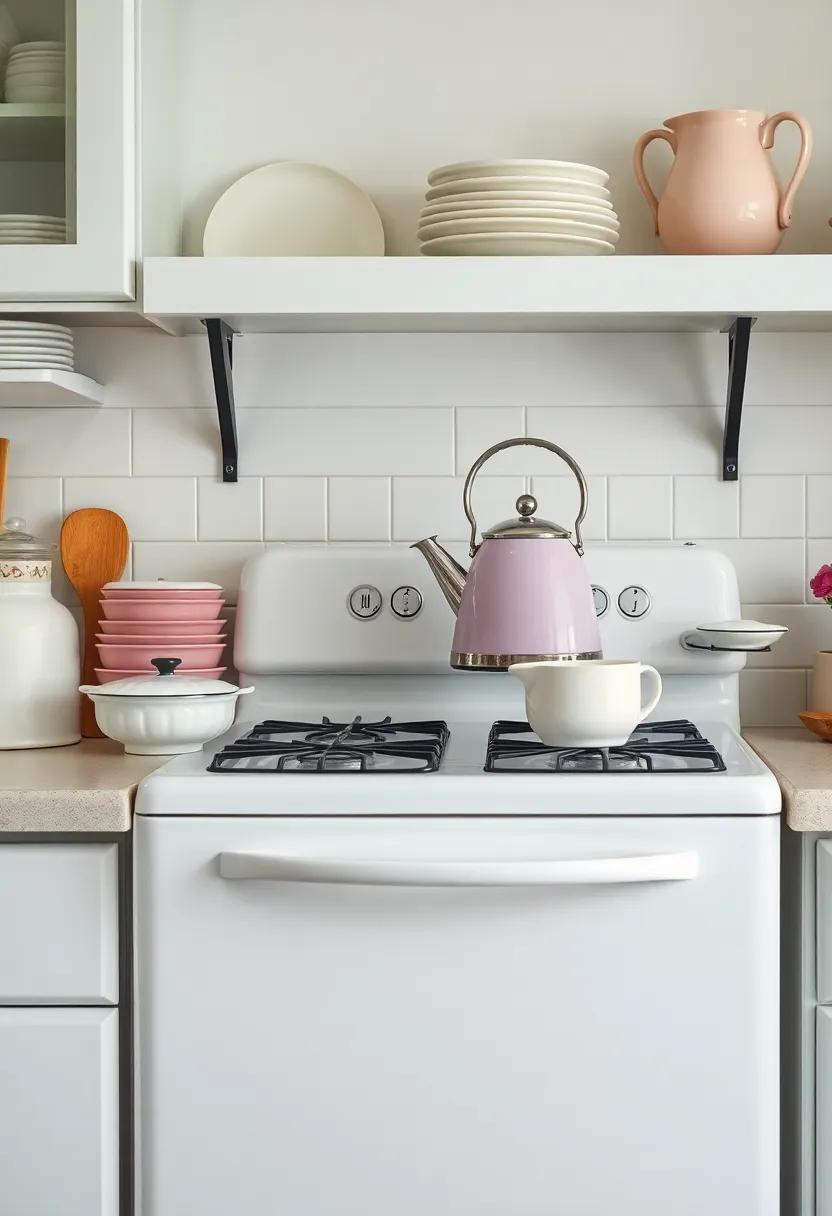 A soft pink stove ‌takes center ⁢stage in ‌this charming kitchen, harmonizing beautifully with antique⁣ wooden cabinets ⁤and floral wallpaper, evoking romantic farmhouse vibes