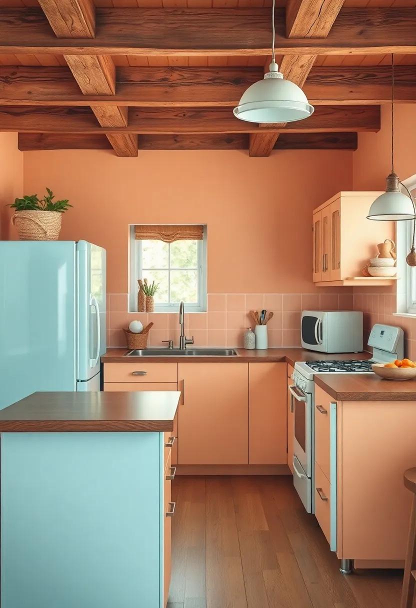 Envelop yourself in the warmth of ​a rich pastel peach ⁢kitchen where wooden beams contrast against powder blue appliances, inviting a sense of⁢ relaxation
