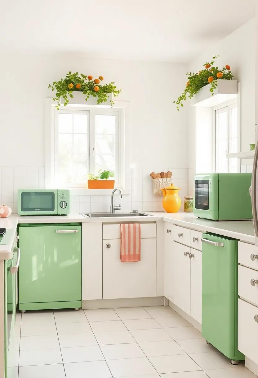 Featuring a stark white backdrop, this vintage kitchen showcases apple green appliances that pop, highlighted by natural light streaming through‍ charming window boxes