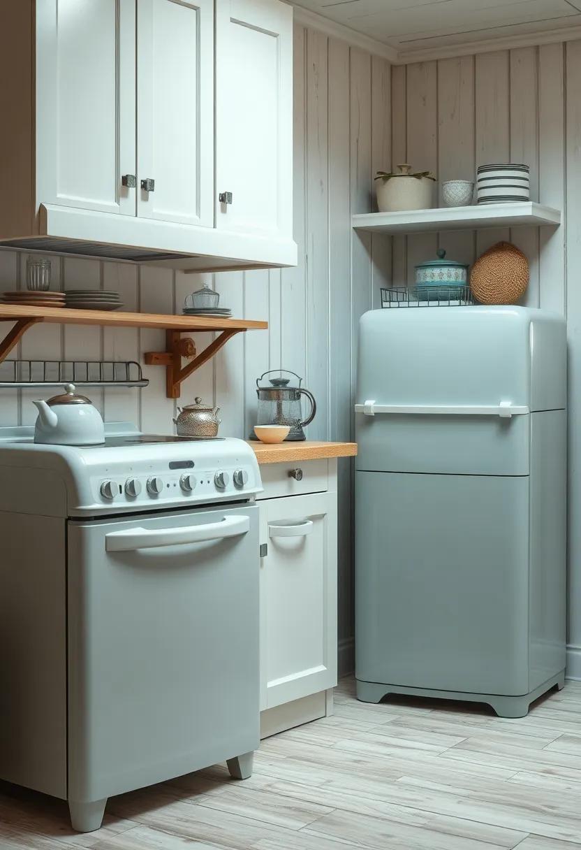 This vintage kitchen features ⁣foggy ⁢grey ⁣appliances set against whitewashed wood,‍ both calming⁤ and elegant, ideal for enjoying tea on a quiet afternoon