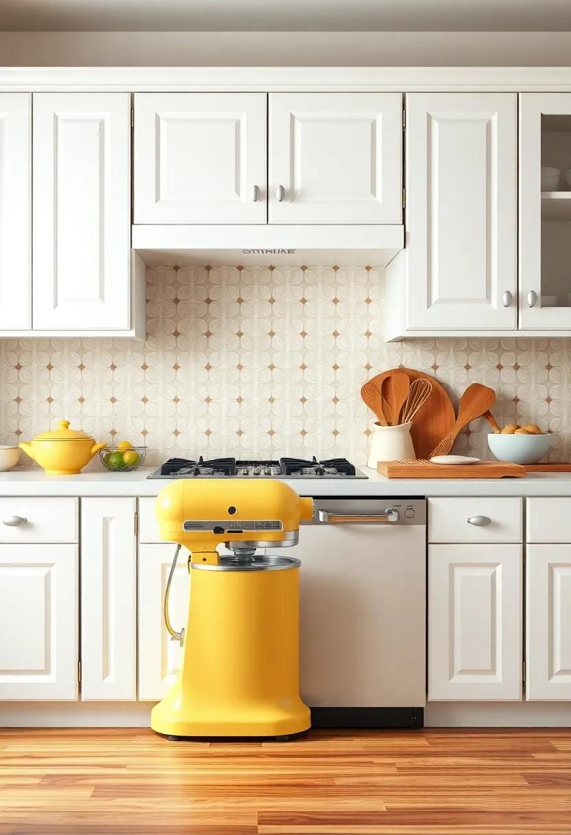 A classic butter-yellow mixer⁣ complements crisp white cabinetry,while a patterned backsplash adds a pop of color,creating a joyful baking haven