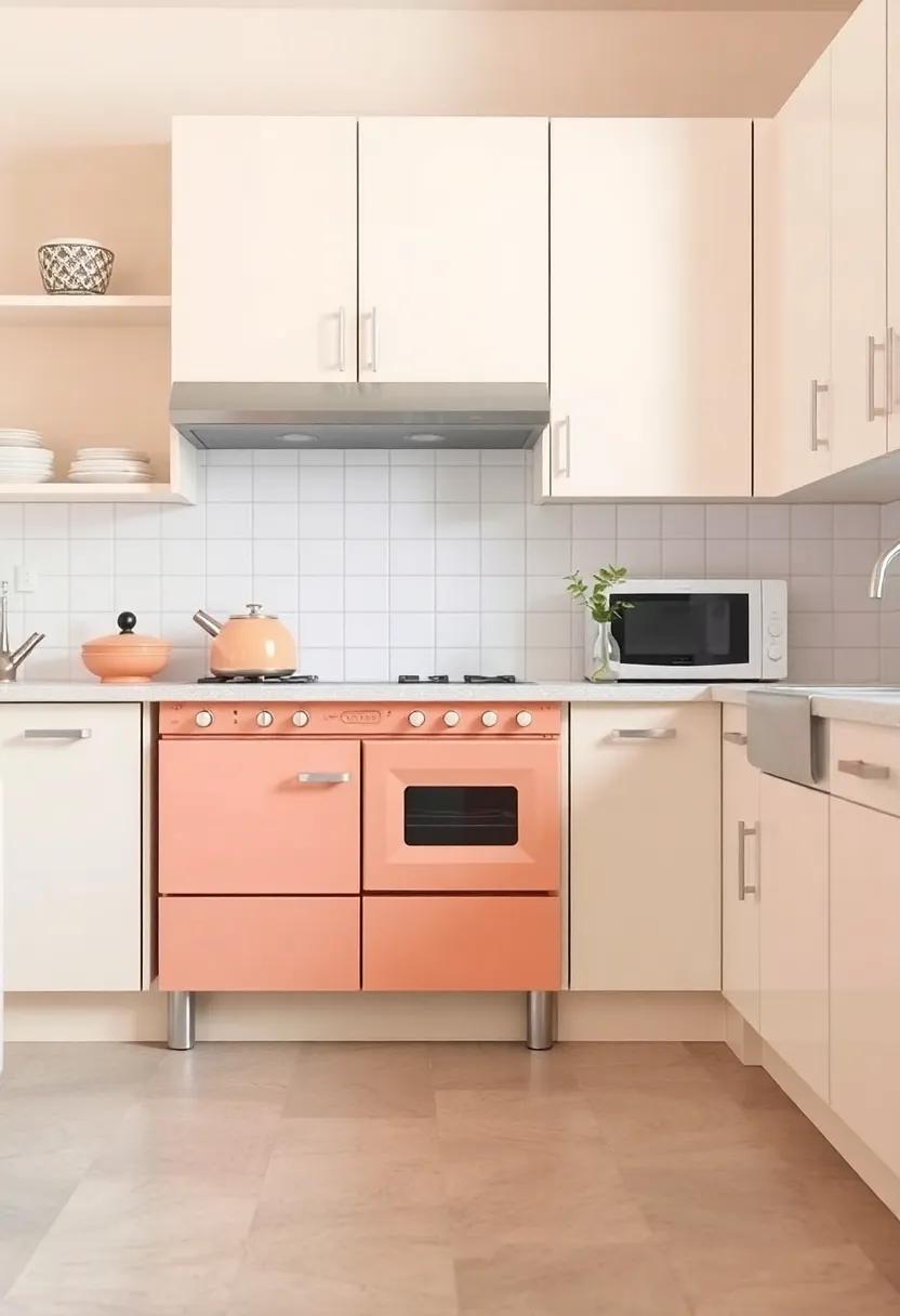 Delicate apricot appliances blend ​seamlessly with contemporary​ pale cabinetry, proving that nostalgia can mesh effortlessly with modern design principles