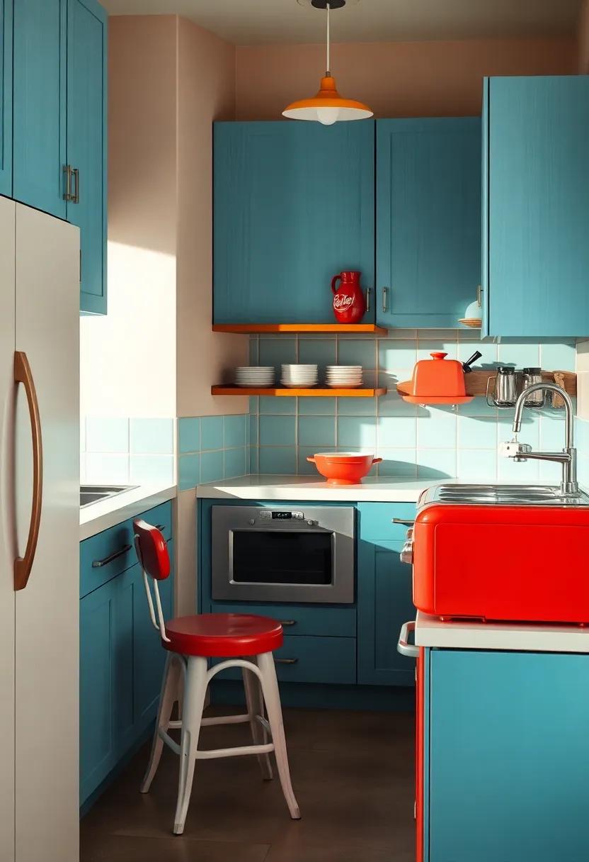 Faded denim blue cabinets and cherry-red appliances create a lively yet homey atmosphere, where the spirit of ‍retro ⁤dining thrives amid​ modern comforts