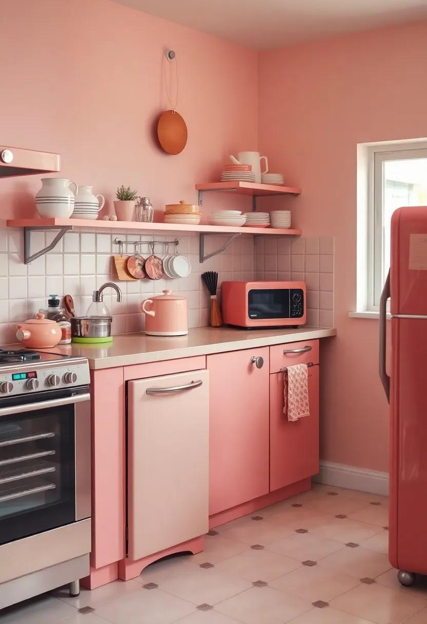 A captivating salmon pink kitchen draws you in with ‍its mix of modern amenities and vintage touches,‍ where every corner reveals a lovingly curated collection of kitchenware