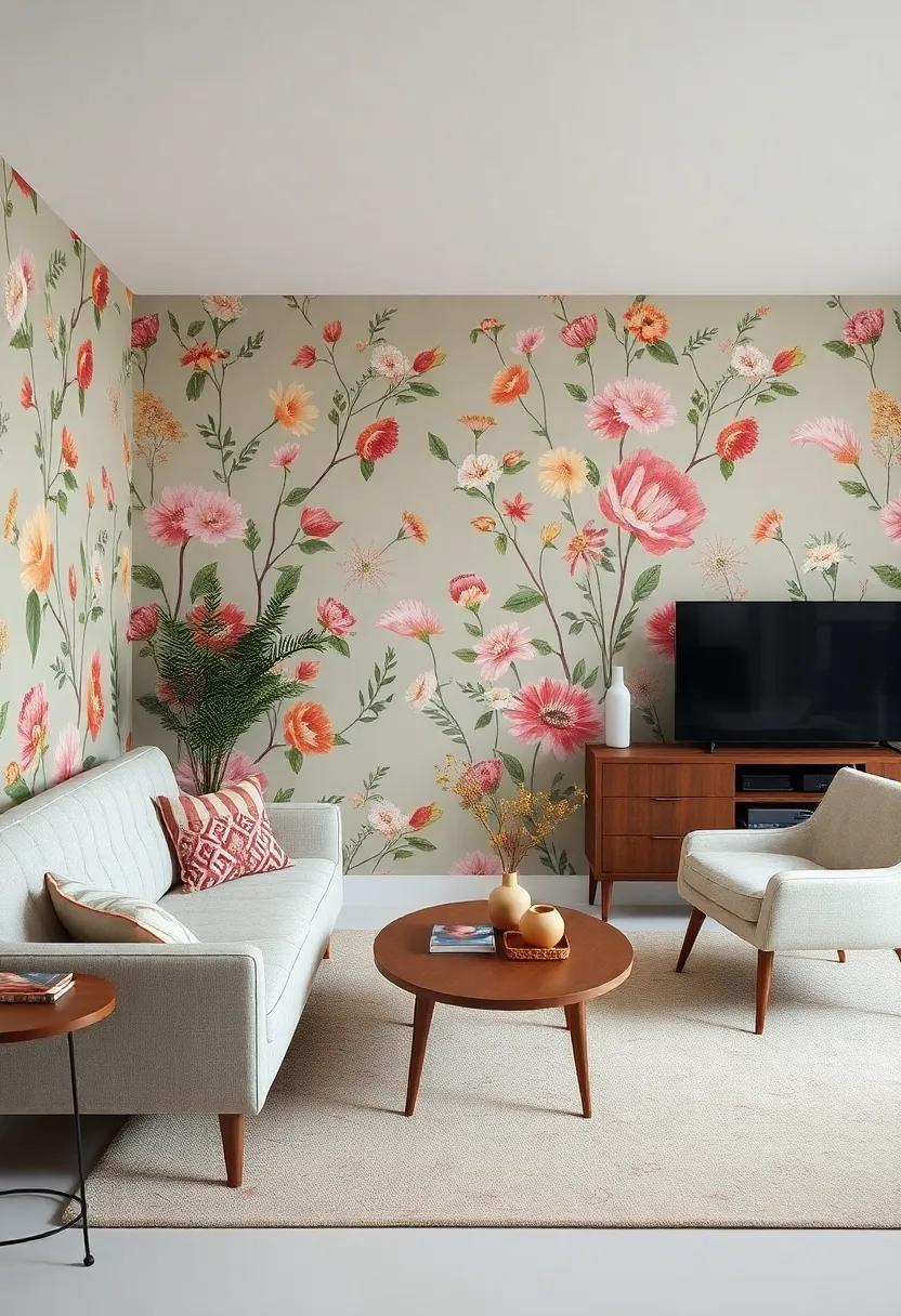Botanical Bliss: Select ⁤wallpapers​ adorned with delicate vintage florals that create a soothing, nature-inspired backdrop⁣ for your living room