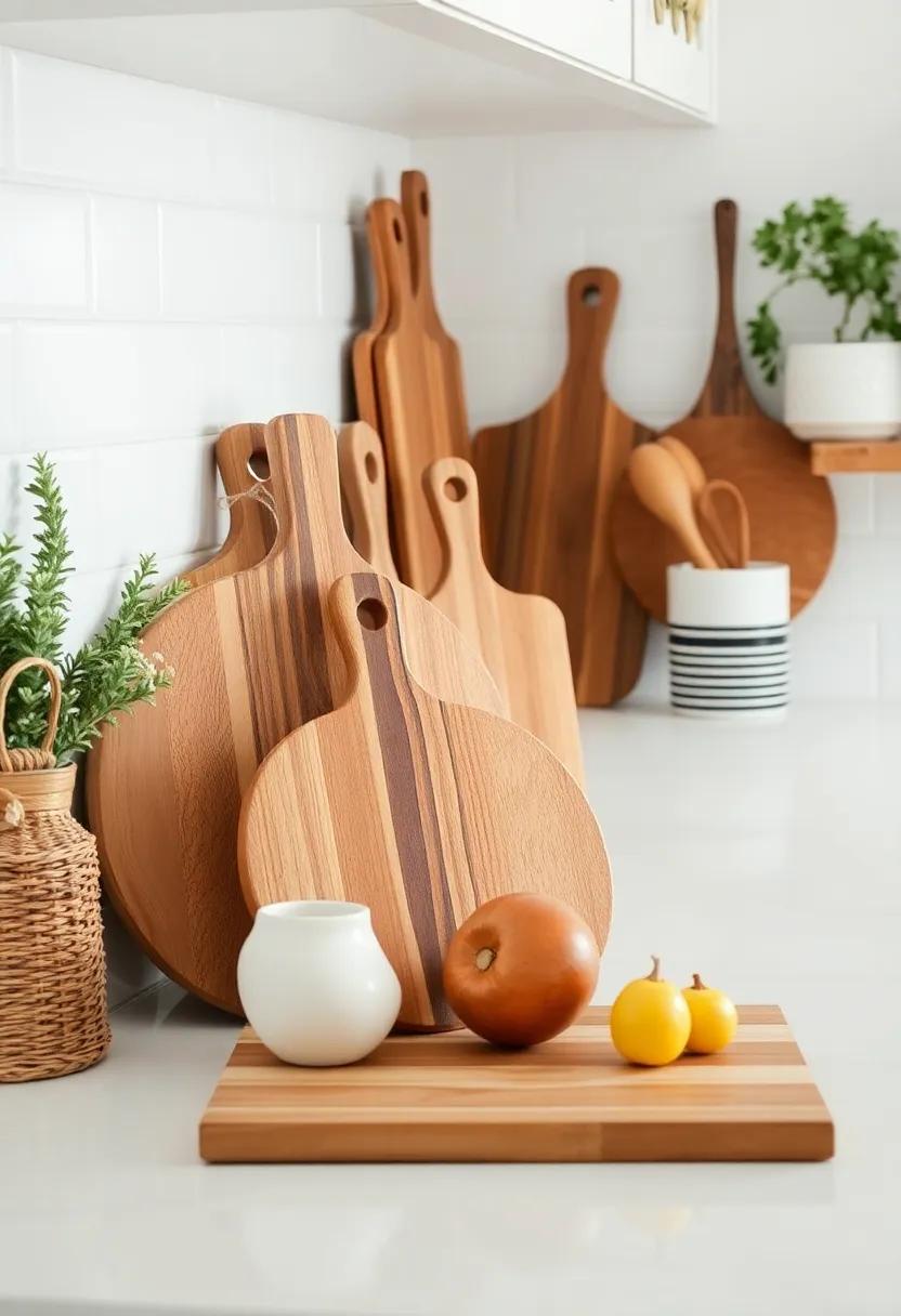 Wooden Cutting Boards: Display a variety of beautiful wooden‌ cutting boards‍ on the counter as both a decorative element and a practical tool