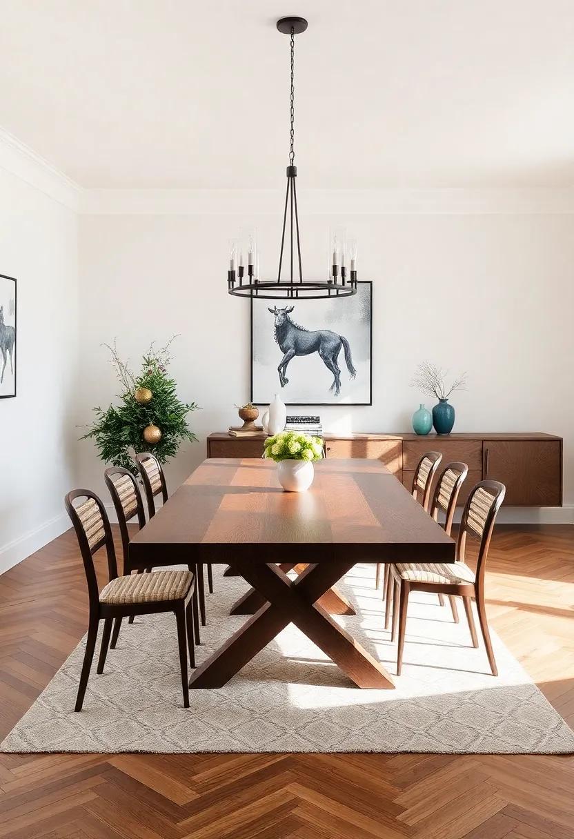 Statement Table: Choose a beautifully crafted dining table as the centerpiece, whether it’s a farm-style table or a modern piece with a ‍unique ​finish