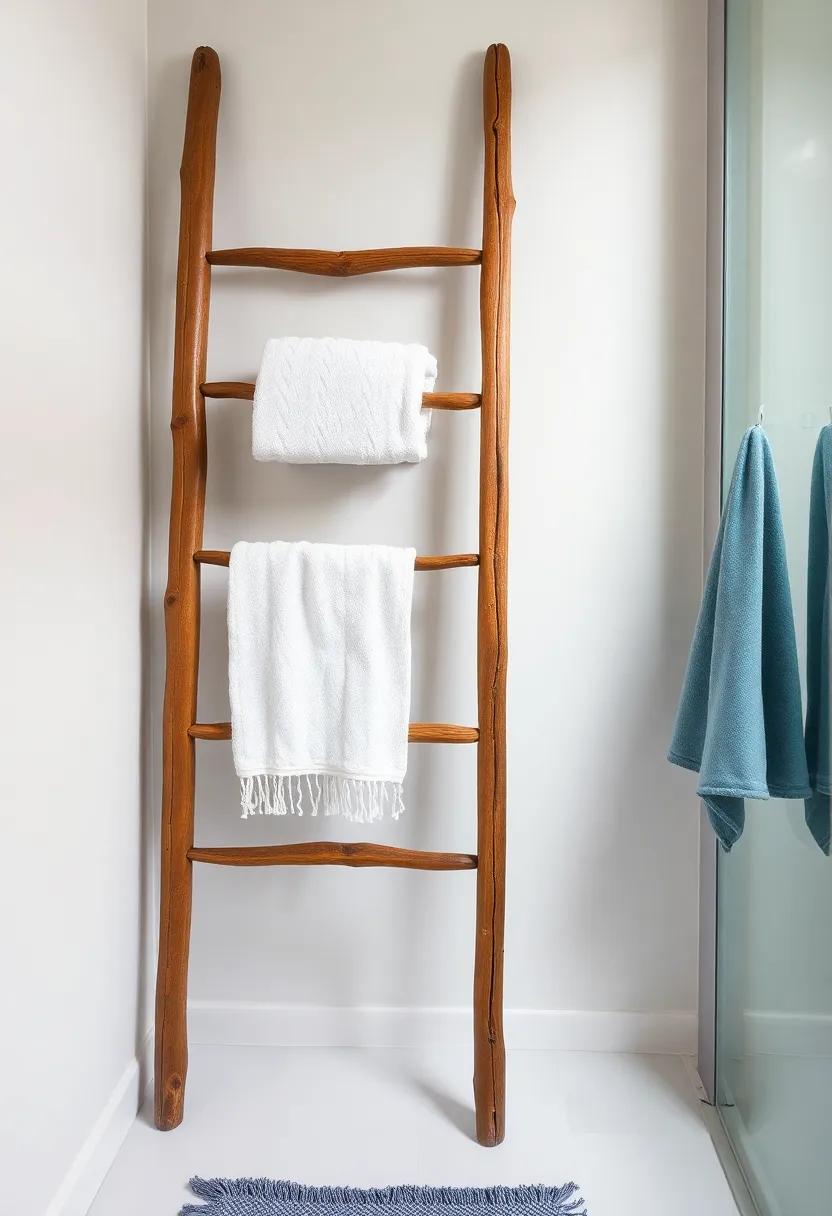An Upcycled ⁣Ladder ⁤for Towel Storage - Repurpose an old wooden ladder ⁣as a stylish ‍towel ‍rack, adding an organic feel⁢ and⁢ space-saving solution to your bathroom