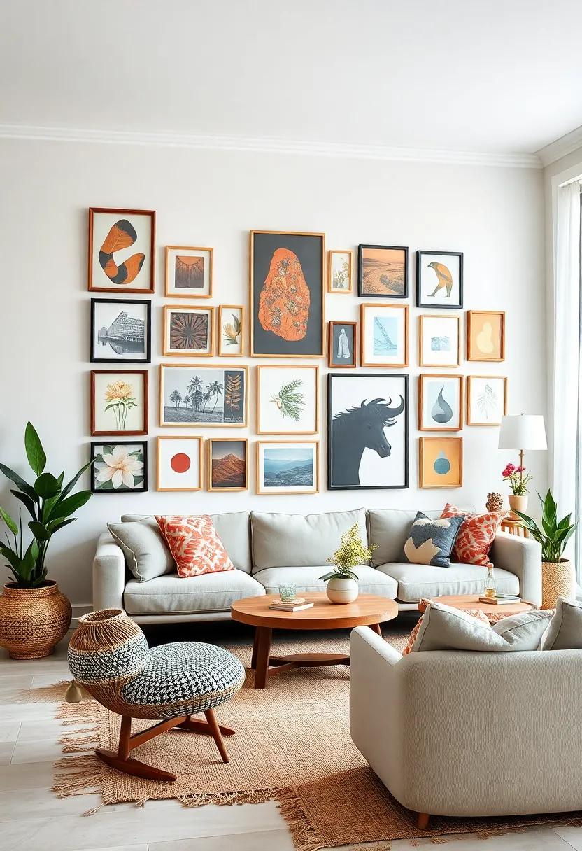 Create ‍a gallery wall featuring an eclectic⁢ mix of⁢ frames and art styles for visual​ interest
