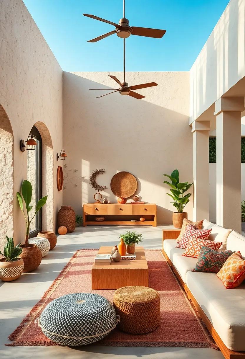 Design an outdoor space that flows seamlessly into the interior, complete with bohemian décor
