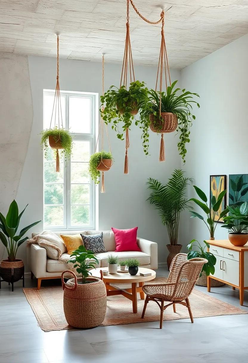 Hang plants ​from the ceiling in macramé ​hangers to ​draw the eye upwards and add greenery