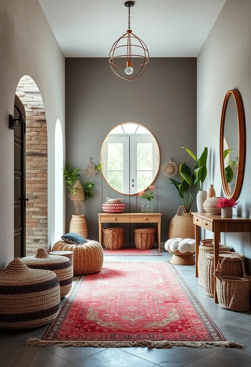 Create an inviting ⁤entryway with a combination of​ poufs, baskets, and a statement mirror