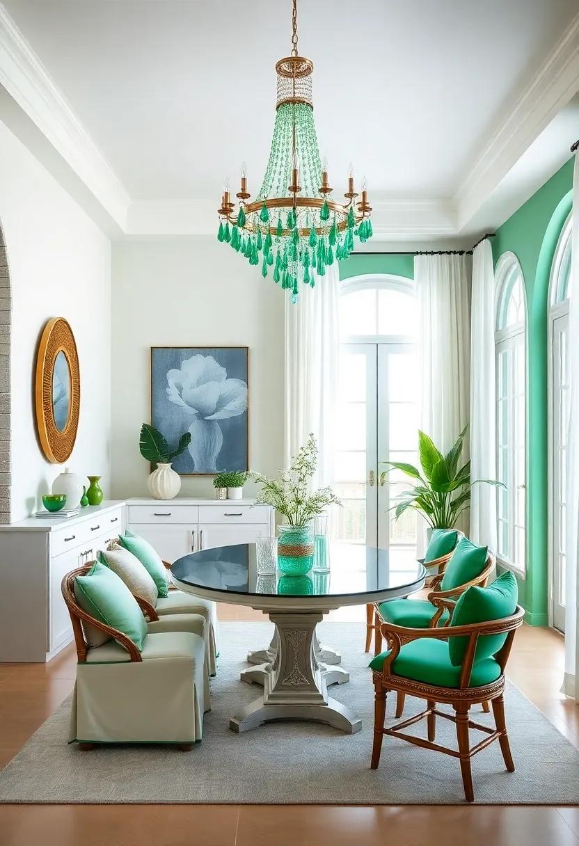 Whimsical Light⁢ Fixtures: Hang a statement chandelier with ⁣emerald crystal elements that will bring a touch of seaside elegance​ to‌ your⁢ dining area