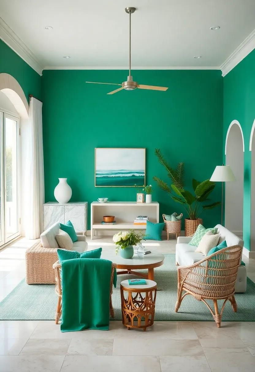 Nautical‌ Touches: Use whitewashed wooden furniture to blend seamlessly with emerald ​accents, ‌adding a coastal charm