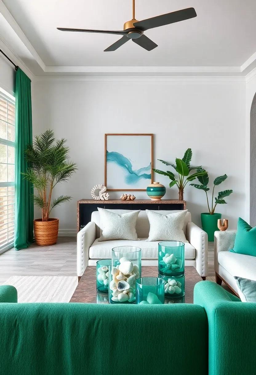 Shell Collections: ‌Display a ⁤curated​ collection of seashells in emerald‌ and white glass containers ‌to add an organic,⁣ coastal ⁤touch