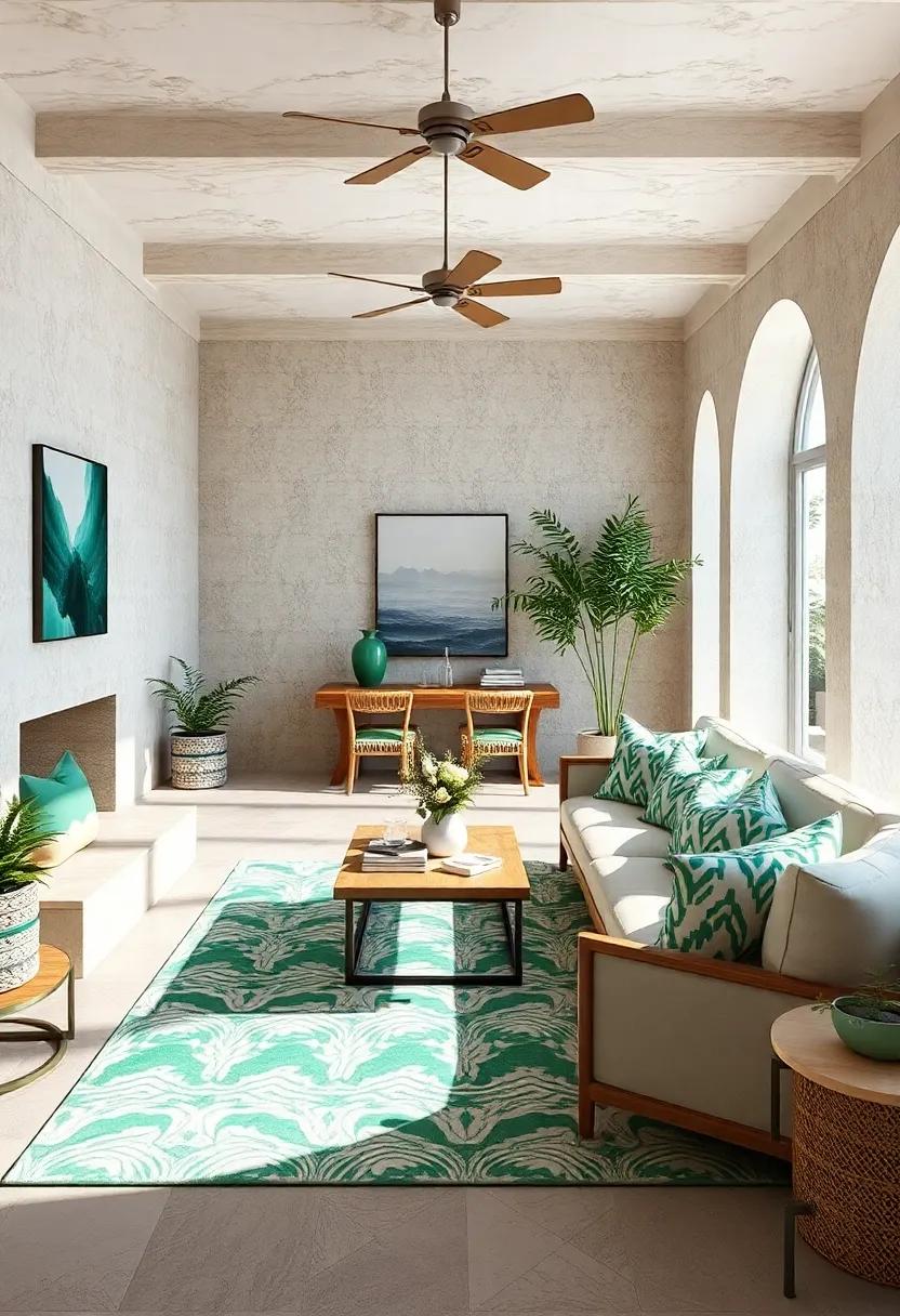 Coastal Patterns: Incorporate patterned rugs or ​cushions that feature waves or coral designs in‌ shades‍ of ⁤green and white