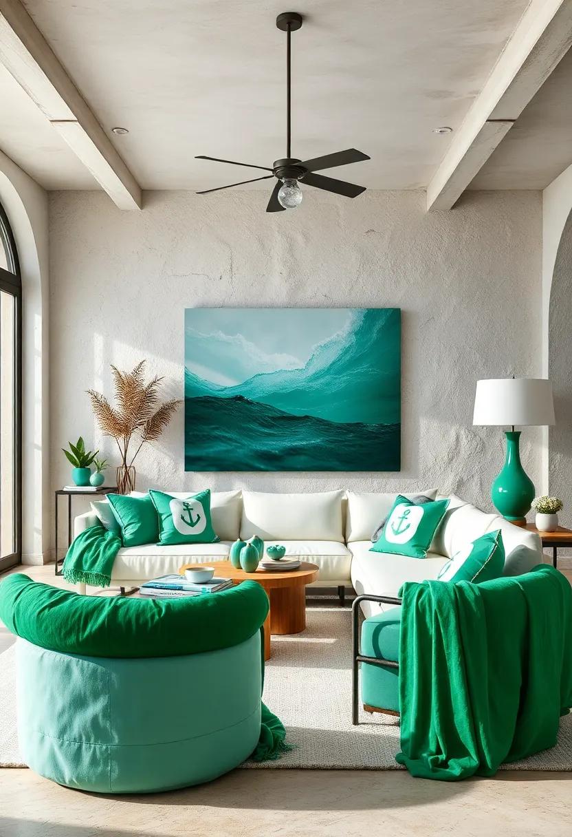 Coastal Accessories: Incorporate​ emerald-colored throws, cushions, and ceramics with nautical symbols like anchors and waves to connect with the coastal theme