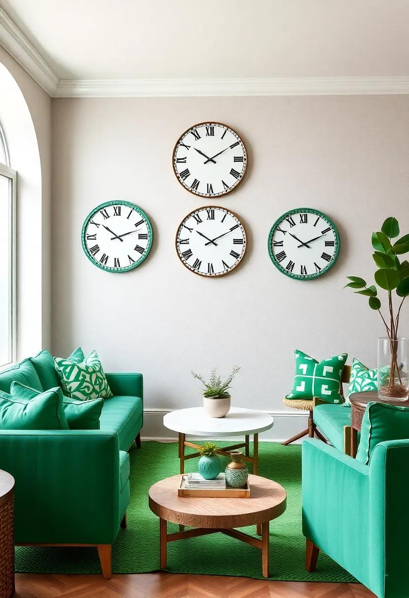 Artistic ‍Wall Clocks: Feature unique wall ⁤clocks with ⁣emerald patterns and white faces ⁢to‌ keep⁣ time while ​enhancing your decor ⁤style