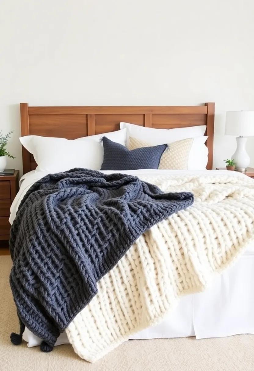 Cozy Throws: Drape oversized, chunky knit throws over the foot of the bed for a cozy and inviting look