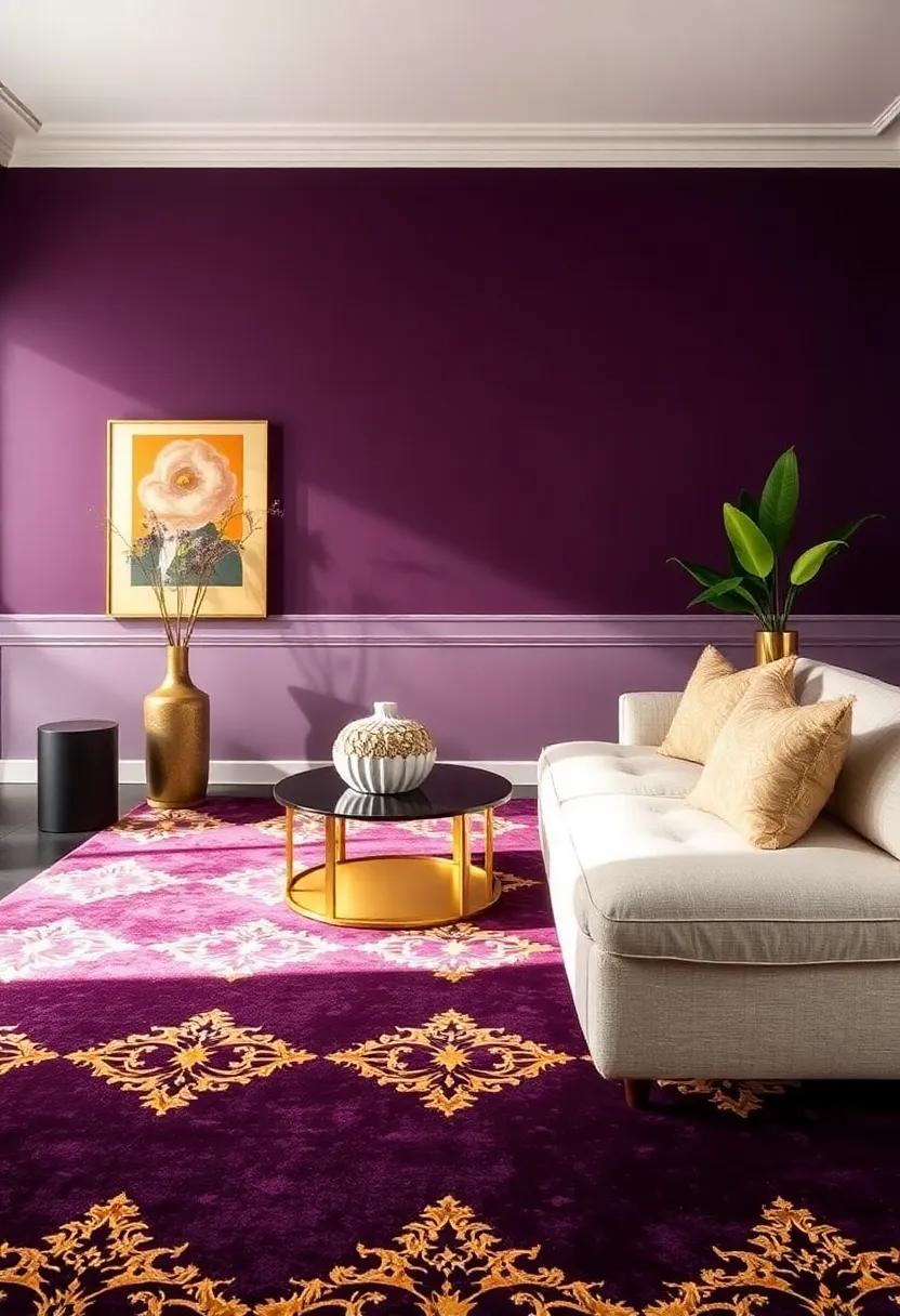 Use Statement Rugs: Find‍ a rug ⁢that showcases⁢ aubergine and gold patterns‌ to⁣ ground your⁢ seating⁣ area and add warmth