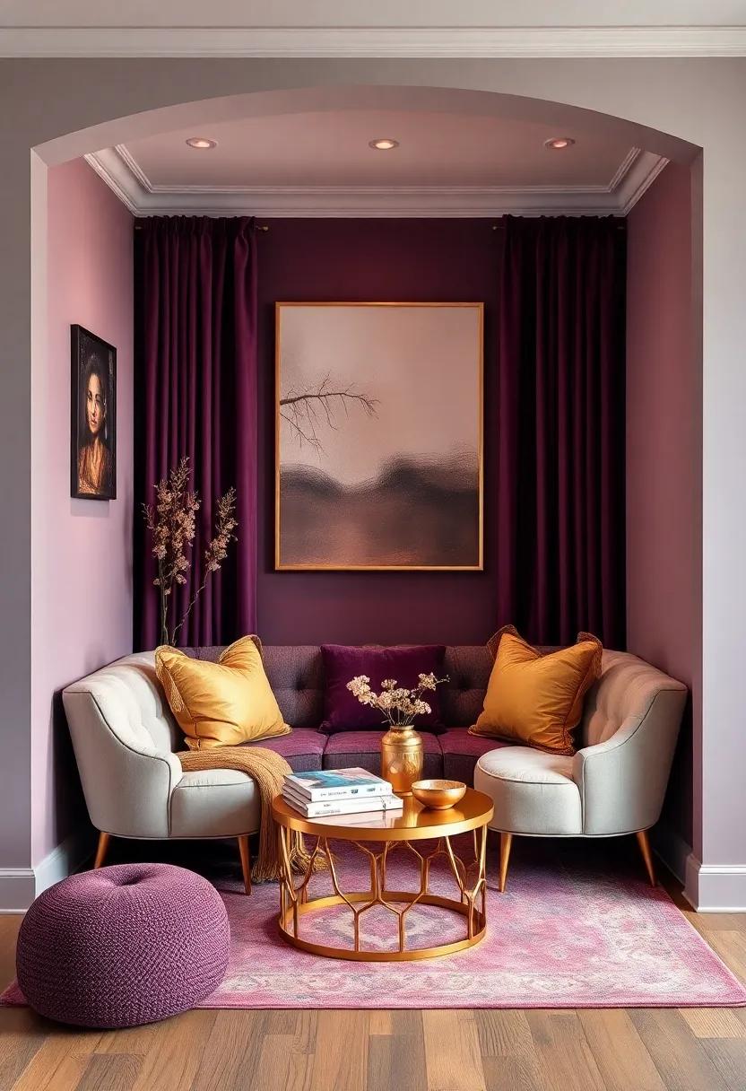 Design⁤ a Cozy Nook: Create a reading corner with plush ‍seating in‍ aubergine ⁣and gold ⁣accents for an inviting ‍retreat