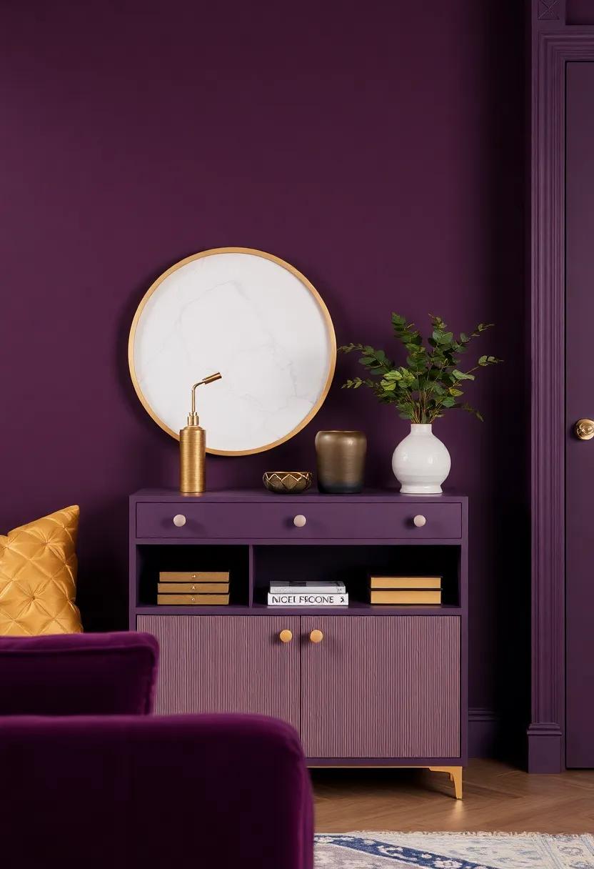 Functional ‍Decor: Opt for stylish storage solutions that double as decor, using ‌aubergine and gold finishes‍ to maintain ‍the theme