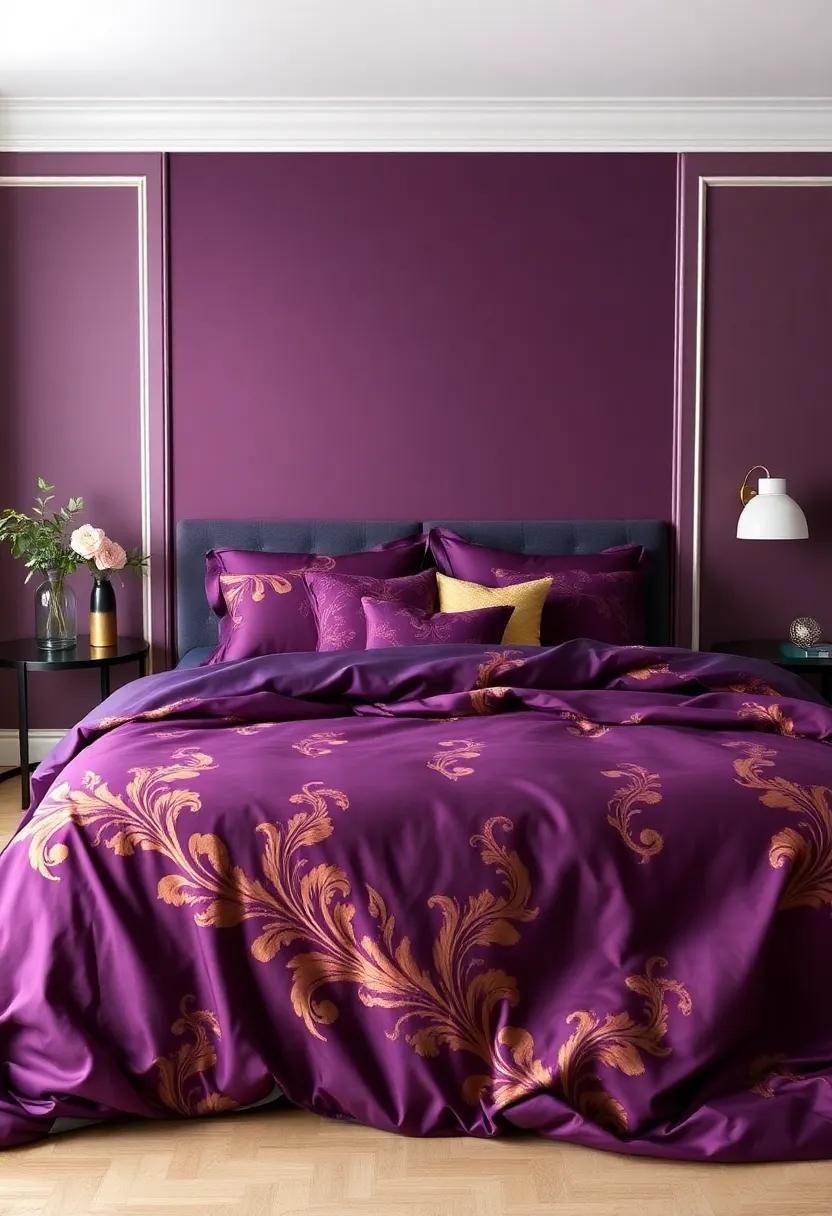 Curate‍ a Luxury Bedspread: Choose bedding in deep purple with gold designs ⁢for⁣ a bedroom that feels both inviting and luxe