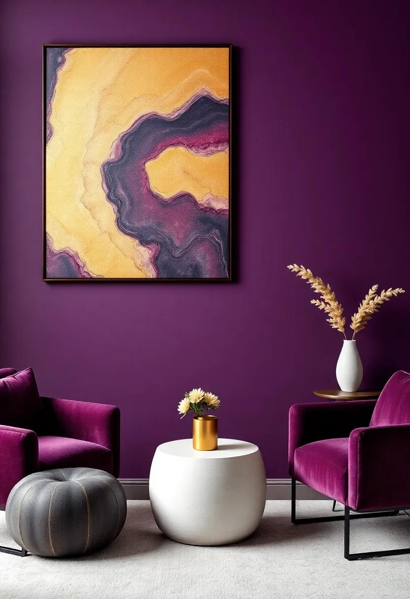 Play with⁢ Artwork: Select large wall art that features aubergine‌ and gold ⁢to create visual ⁤impact and drama