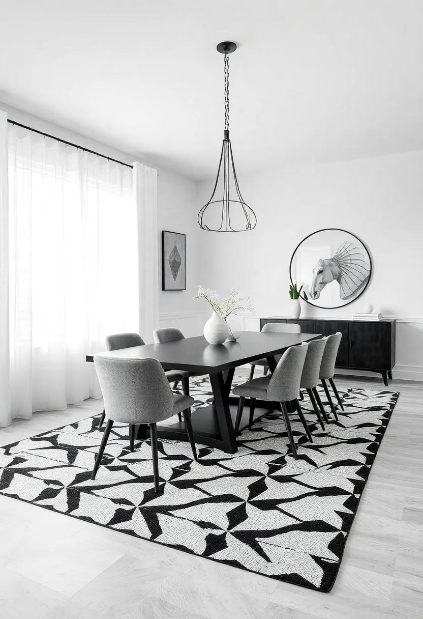 Monochrome Magic: ​A ​black and⁣ white patterned rug can introduce a modern ⁤yet sophisticated ⁣touch‌ to your dining ‍room decor