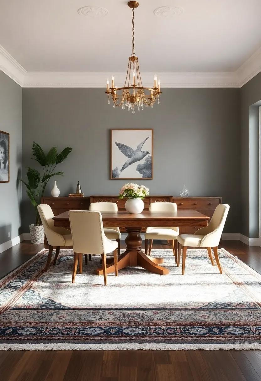 Vintage Charm: A distressed Persian rug lends timeless elegance, perfect for creating a ⁣cozy and vintage-inspired dining⁣ area