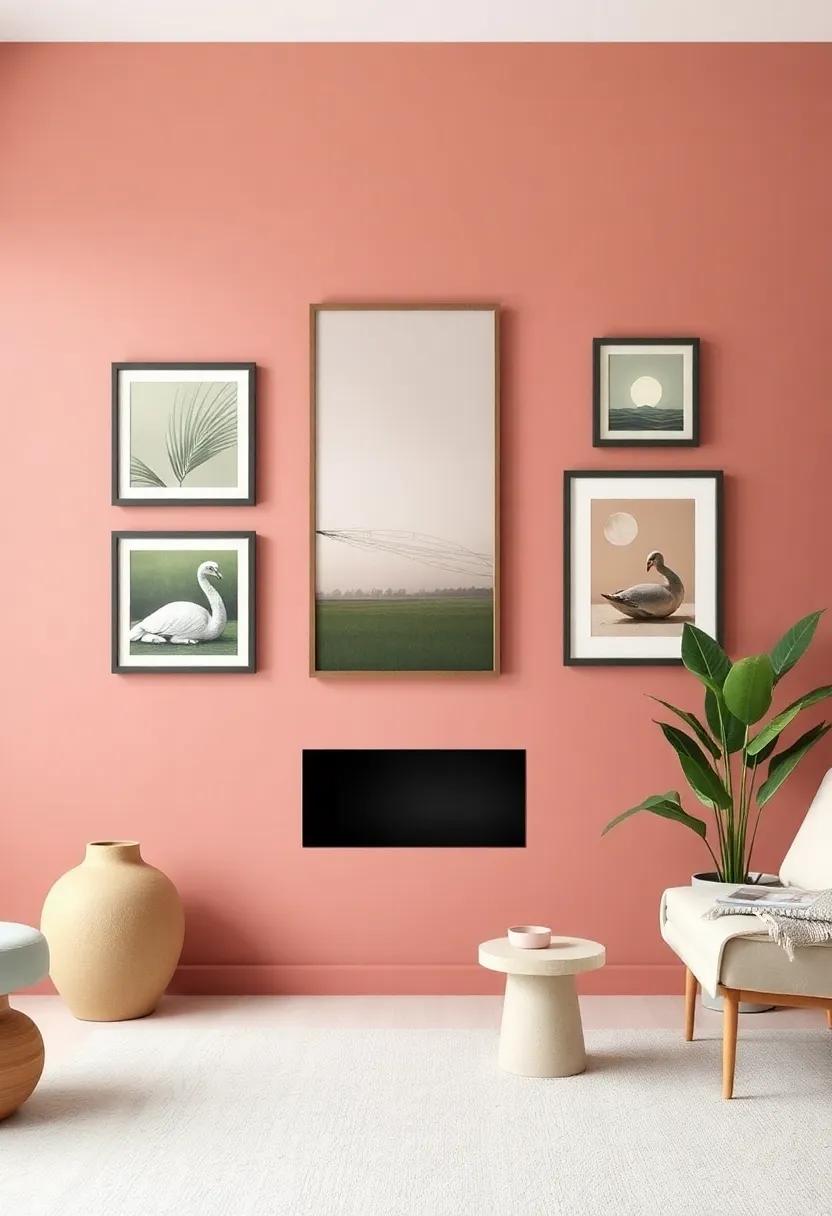 Artistic Gallery Wall: Paint​ a feature wall dusty rose and ​hang olive green-framed art pieces for a⁣ stylish focal point in your living area