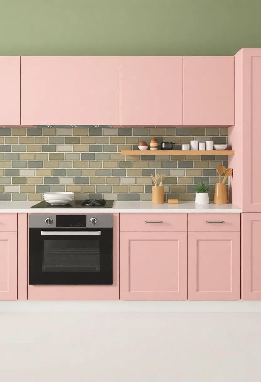 Kitchen Whimsy: ‍Accentuate pale dusty rose cabinets with⁢ olive green backsplash tiles for a chic and playful kitchen makeover